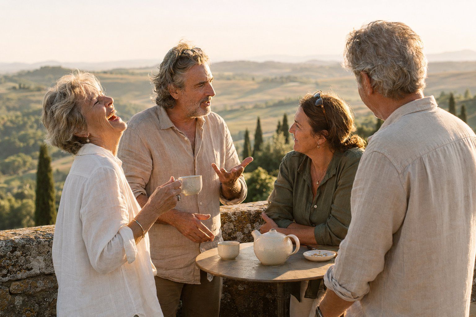 A small group of residents talking together on a stone terrace overlooking the Tuscan hills